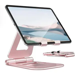 Aluminum Dual Foldable iPad Stand, Fully Adjustable Desktop Tablet Holder, Tablet Accessories for Office Kindle Compatible with Mobile Devices iPad Pro/Air/Mini, iPhone Pro/Max/Plus, Rose Gold