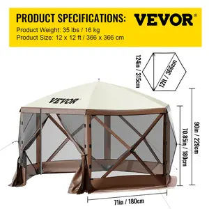 VEVOR Gazebo Screen Tent, 12 x 12 ft, 6 Sided Pop-up Camping Canopy Shelter Tent with Mesh Windows, Portable Carry Bag, Ground Stakes, Large Shade Tents for Outdoor Camping, Lawn and Backyard