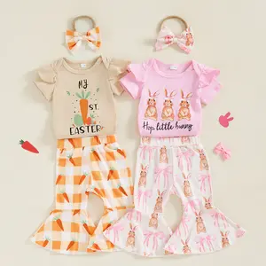 Infant Baby Girl Easter Outfit Letter Short Sleeve Bunny Print Romper Bell Bottoms Flare Pants My First Easter Baby Girl Outfit