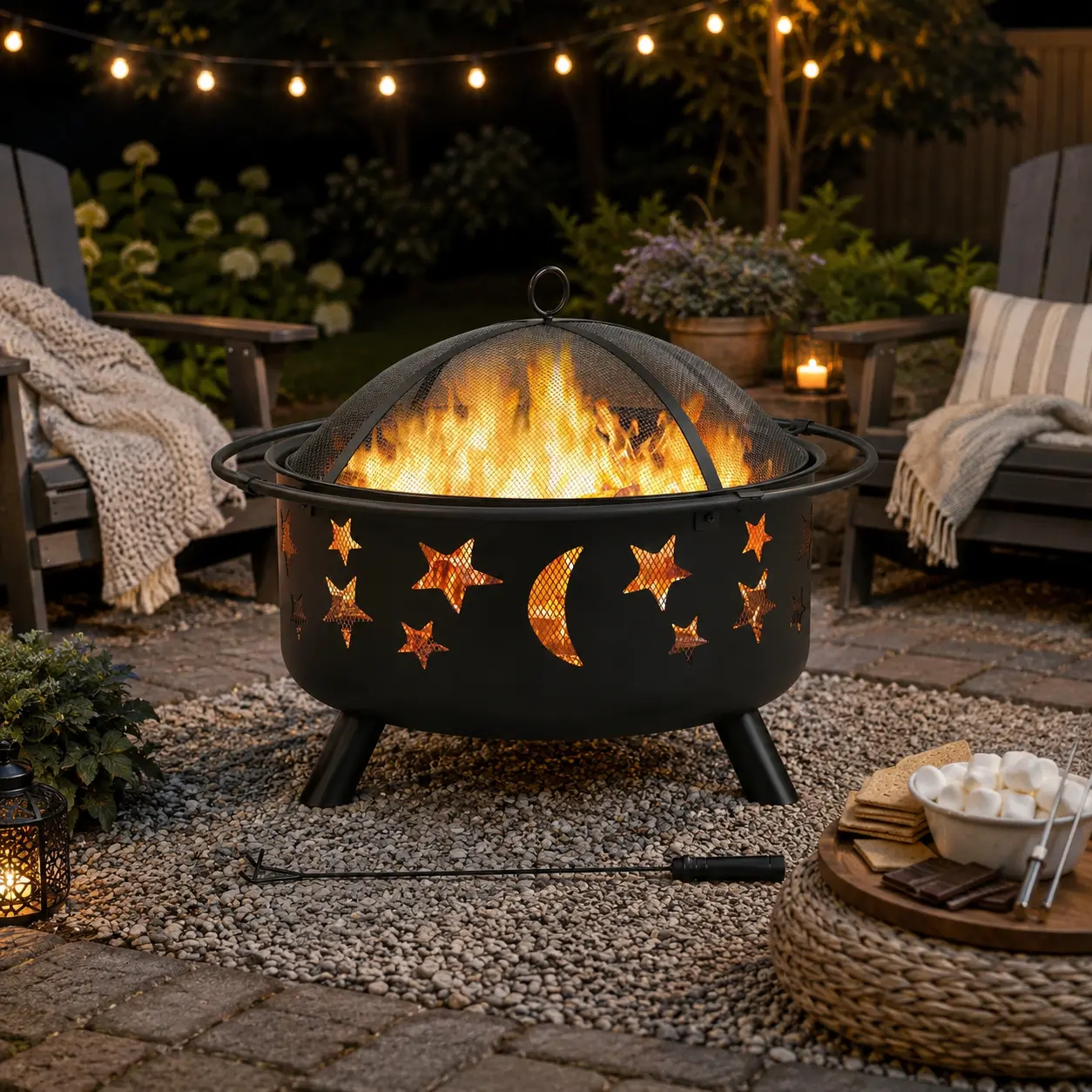 Costoffs Modern Heavy-Duty Wood-Burning Fire Pit Set, Round Iron Bowl Garden Exterior Heater with Stars & Moons Pattern, Mesh Cover, Poker for Outdoor Patio