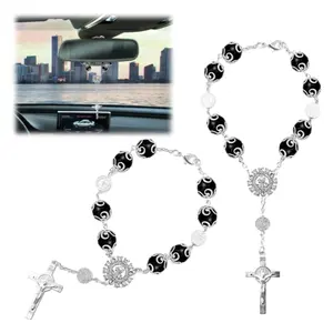 2 PCS Personalized Rosary with Cross Blessing for Car Interior Decor – Black