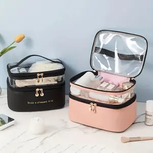 Double Makeup Bag, Solid Color PU Transparent Face Bag, Portable Fashion Waterproof Travel Storage Bag, Large Capacity, Travel Cosmetic Bags