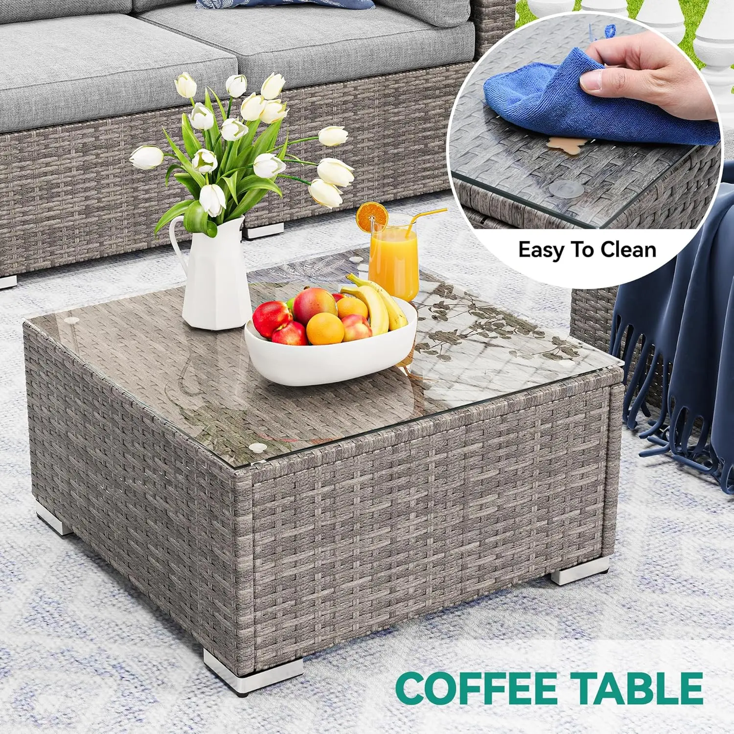 YITAHOME 2 Pieces Outdoor Patio Wicker Furniture Set, Armless Rattan Sofa with Thick Cushion & Square Coffee Table, Modular Sectional Conversation Set, Weather Resistant PE Rattan Outdoor Couch for Backyard, Porch, Balcony, Gradient Gray
