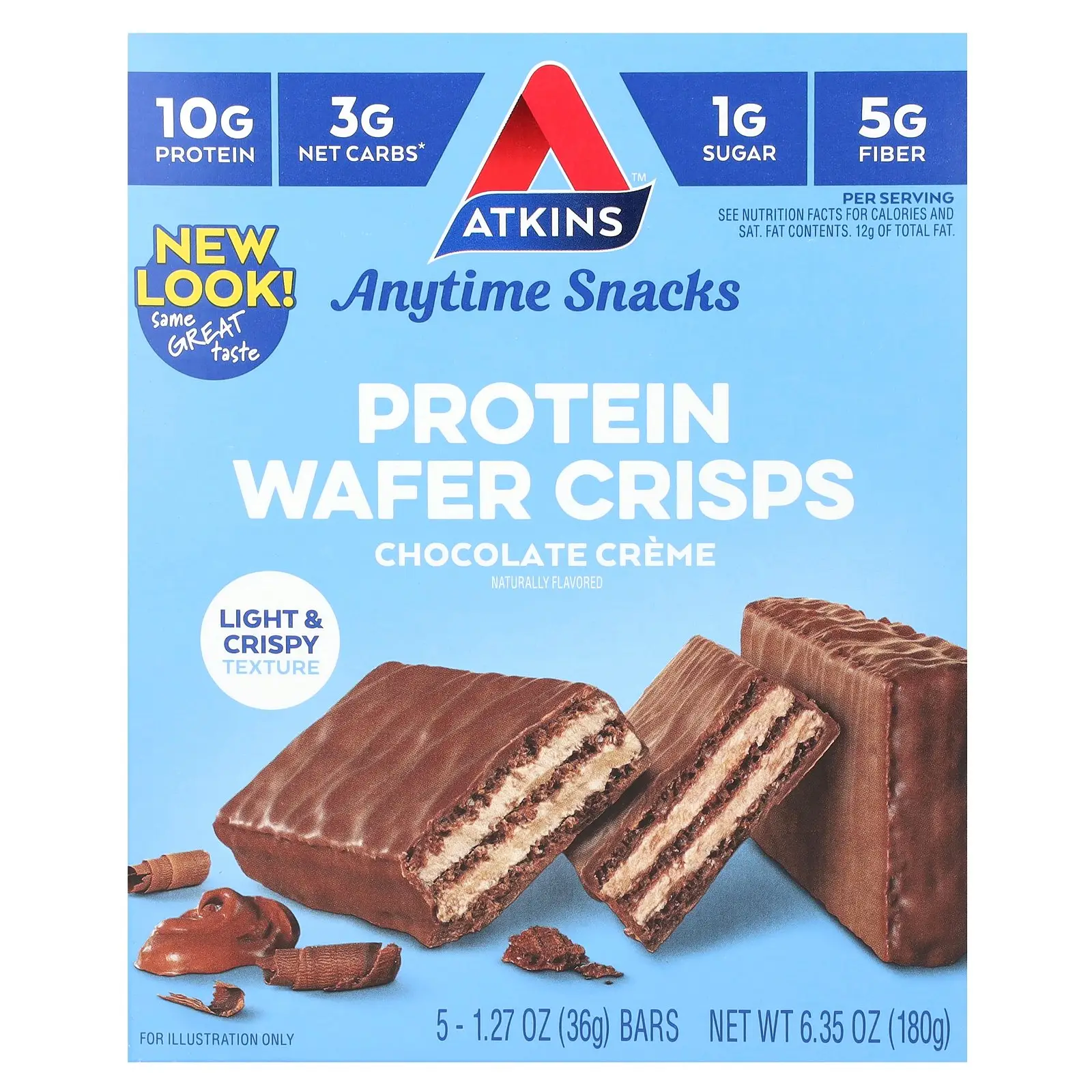 Atkins Anytime Snacks, Protein Wafer Crisps, Chocolate Creme, 5 Bars, 1.27 oz (36 g) Each
