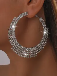 Women's Silver Color Geometric Circle Dangle Earrings, Rhinestone Design, Casual Style, Perfect for Weddings & Parties