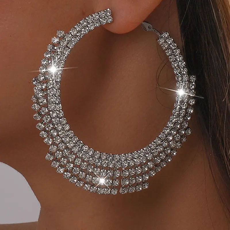 Women's Silver Color Geometric Circle Dangle Earrings, Rhinestone Design, Casual Style, Perfect for Weddings & Parties, Round Earrings