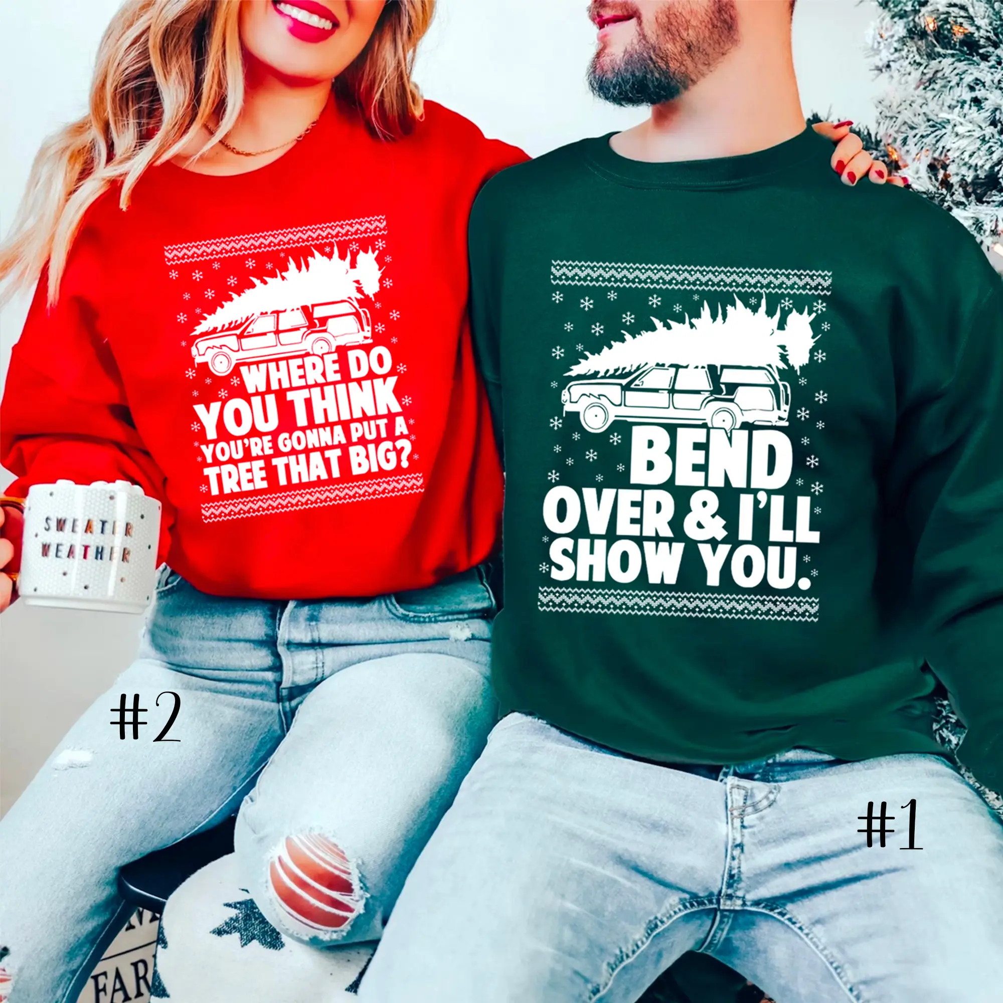 Bend Over and I'll Show You Christmas Couple Matching T-Shirt, Christmas Vacation Shirt, Griswold Family Shirt, Christmas Tree  Comfort Cotton Fabric