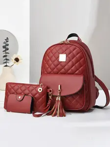 Trendy Plaid Backpack Set, Large Capacity Fringe Design, Student Friendly, Parent-Child Style, French Luxury Aesthetic, Cross-Border Shipping