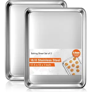 Set of 2 Baking Sheets, Commercial Grade Stainless Steel Cookie Sheets 18 x 13 Inch, Thicker Large Warp Resistant Nonstick Nontoxic Heavy Duty Half Sheet Baking Pans for Oven Baking