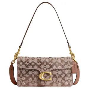 COACH Tabby 26 Crystal Logo Jacquard Crossbody Bag for Women – Medium Size, Mushroom-Colored Natural Grain Nappa Leather