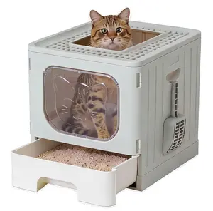 Top-Exit Cat Litter Box with Filter Cover - Large Enclosed Litter Box, Front Entry & Top Exit Design Reduces Tracking, Foldable, Drawer & Scoop Included, 15.3" x 19.1" x 15"