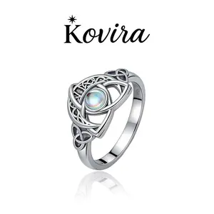 Kovira S925 Sterling Silver Vintage Simulated Moonstone Celtic Knot Ring for Women Everyday Wear Protection Gift