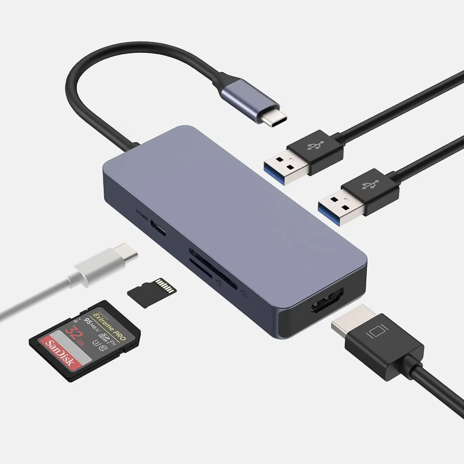 USB C Hub, Adapter USB C Dongle for MacBook Pro/Air Ipad Pro, 6 in 1 USB C to HDMI Multport Adapter, for Laptop, Surface Pro 8 and More(4K HDMI USB 3.0 SD/TF Card Reader 100W PD)