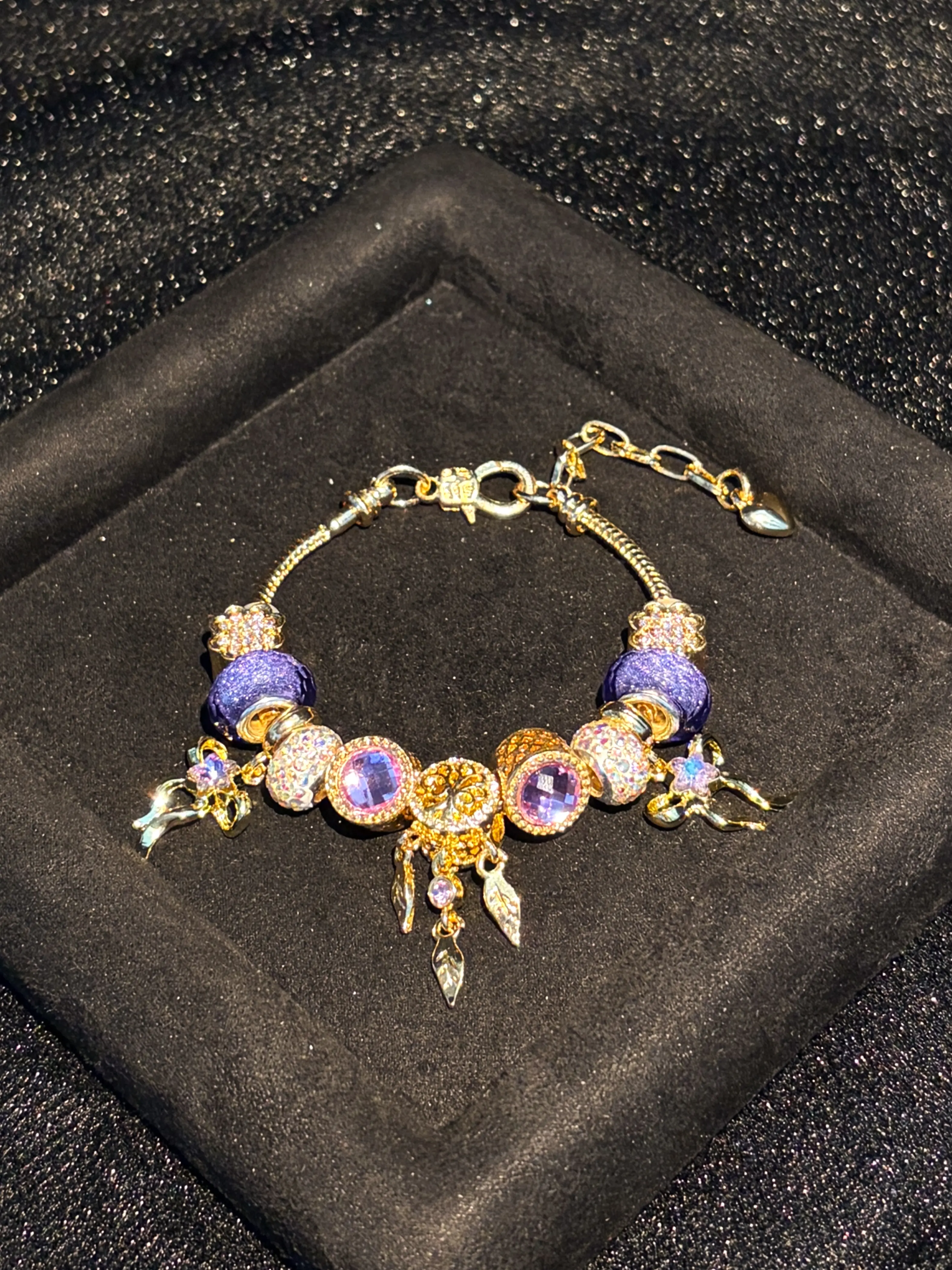 Women's Elegant Ornate Hollow Leaf Floral Dangle Charm Bracelet - Gold-Tone Snake Chain, Purple Crystal, Glitter Beads - Fashion Costume Jewelry Gift