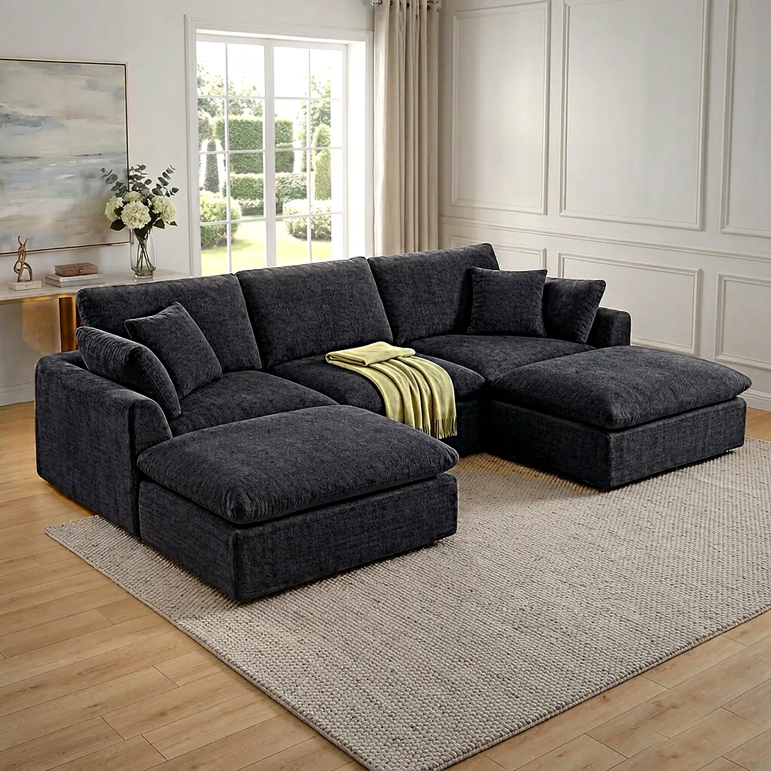SIMTONAL Chenille Modern Black Sectional Sofa  - 107. 1" with U Shaped & L Shape, 30D Foam+ PocketSpring Support , No-Sag Comfort,No Assembly Required , DIY for Living Room