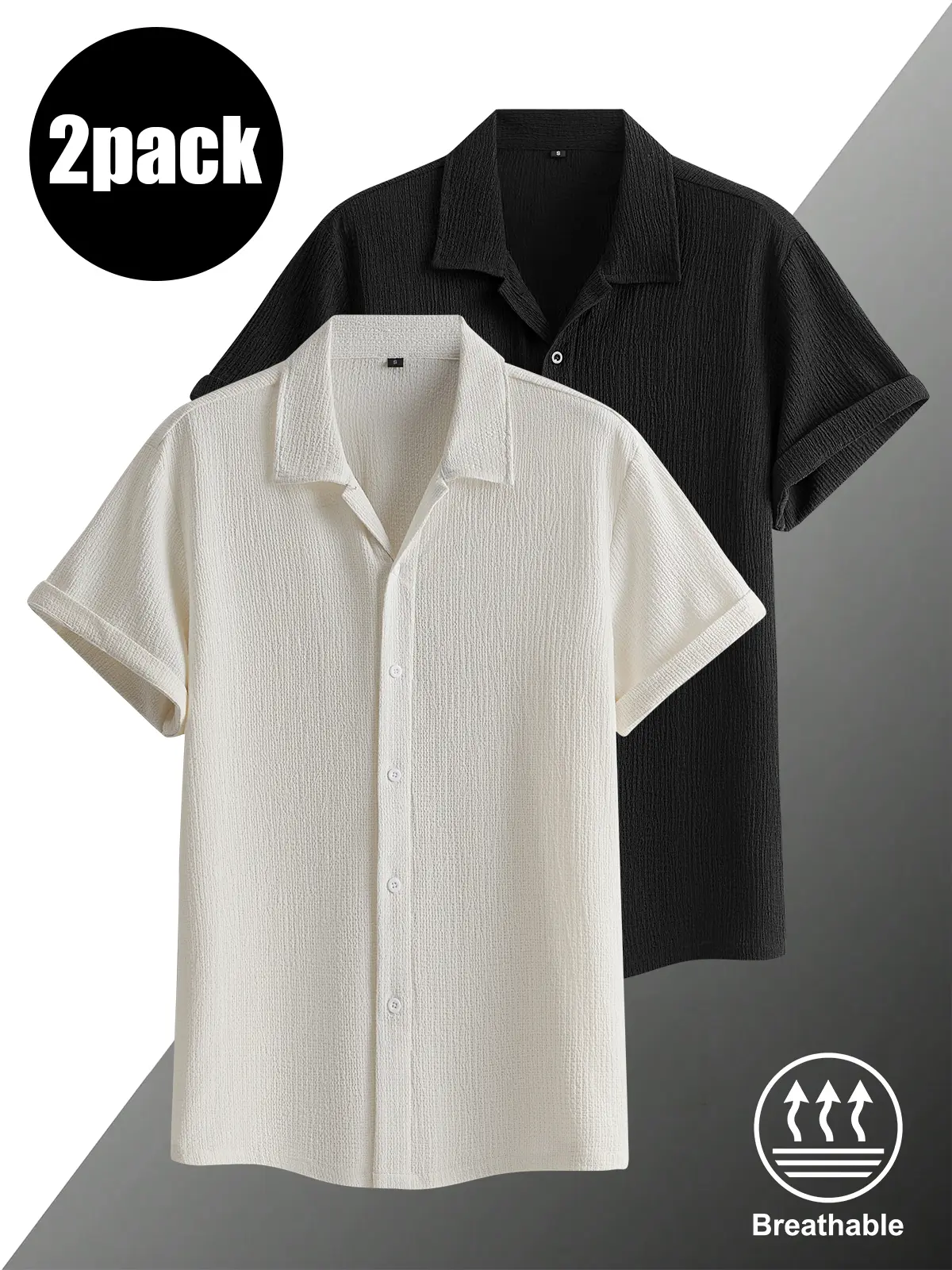 2-pack men's tops, men's short-sleeved shirts, men's textured shirts.Classic casual cardigan, Summer 2026 casual top, classic button-up shirt with a turn-down collar design—suitable for everyday commuting, home leisure, and outdoor travel.