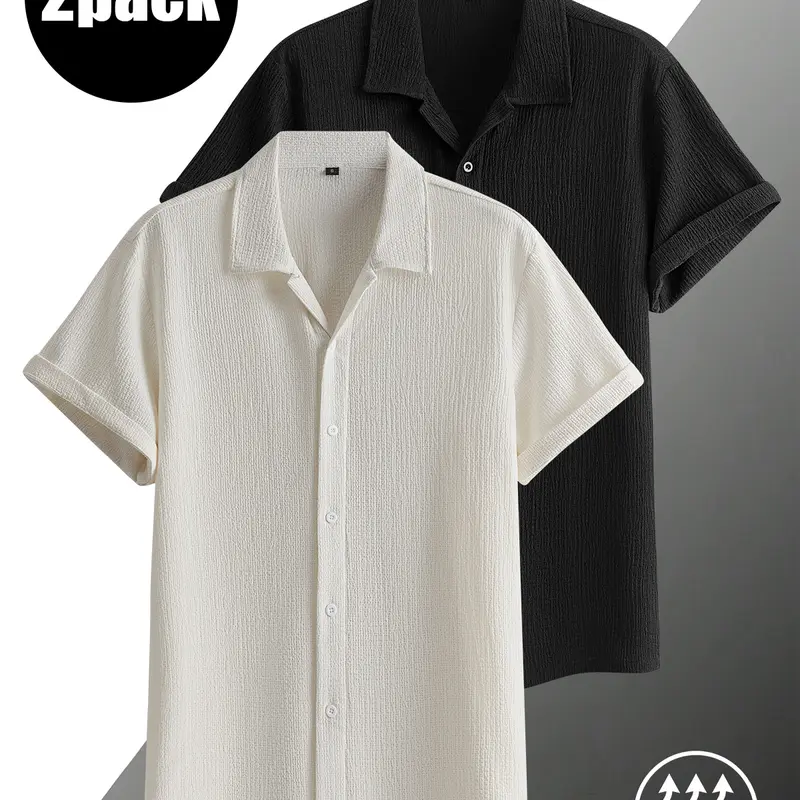 2-pack men's tops, men's short-sleeved shirts, men's textured shirts.Classic casual cardigan, Summer 2026 casual top, classic button-up shirt with a turn-down collar design—suitable for everyday commuting, home leisure, and outdoor travel.