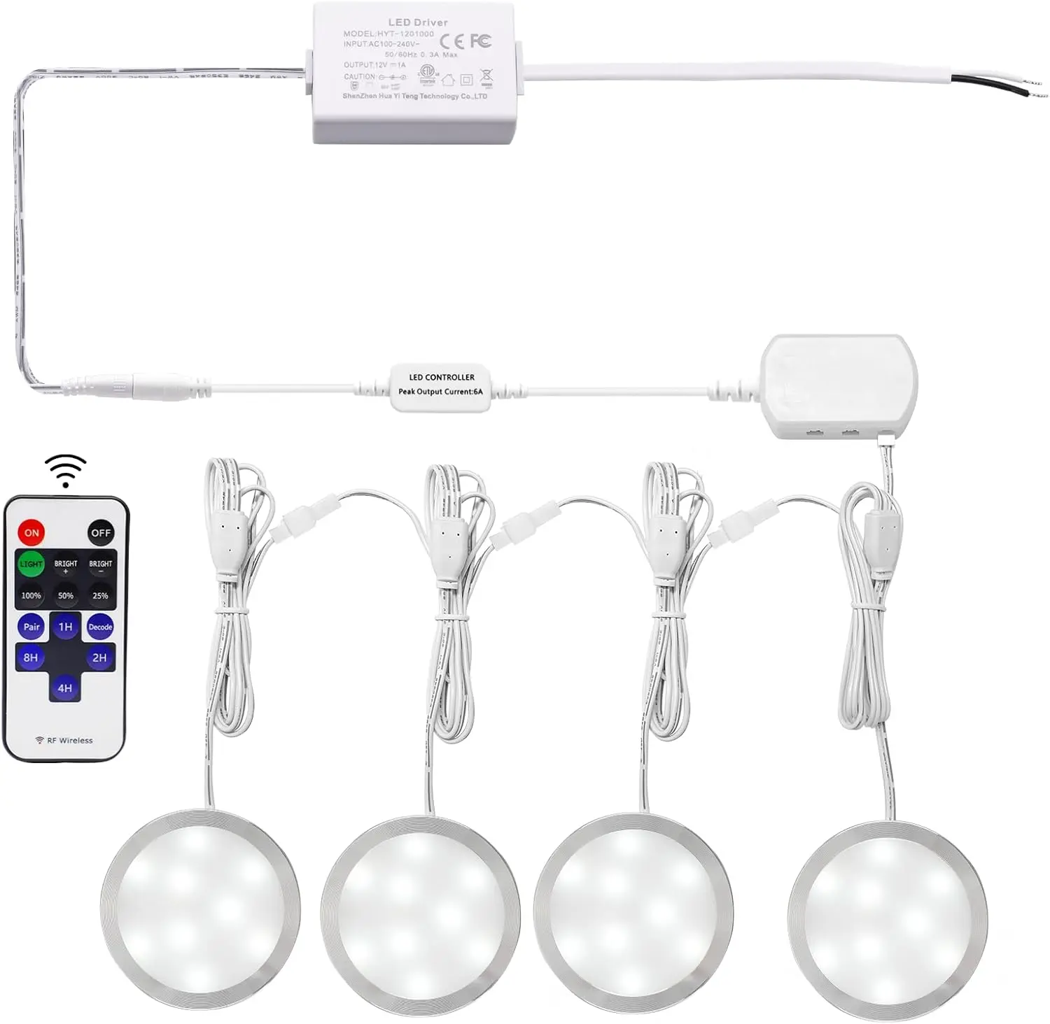 Linkable LED Under Cabinet Lights Hardwired 12V Slim Aluminum Dimmable Puck Lights with Remote Control for Cupboard Lighting (4 Lights, Daylight White, NO Wall Plug)