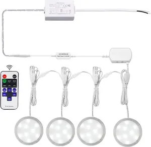 Linkable LED Under Cabinet Lights Hardwired 12V Slim Aluminum Dimmable Puck Lights with Remote Control for Cupboard Lighting (4 Lights, Daylight White, NO Wall Plug)