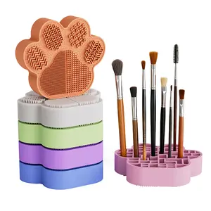 2-in-1 Makeup Brush Cleaning and Storage Box, Cat Paw Makeup Brush Holder, Silicone Makeup Brush Rack, Cleaning Box