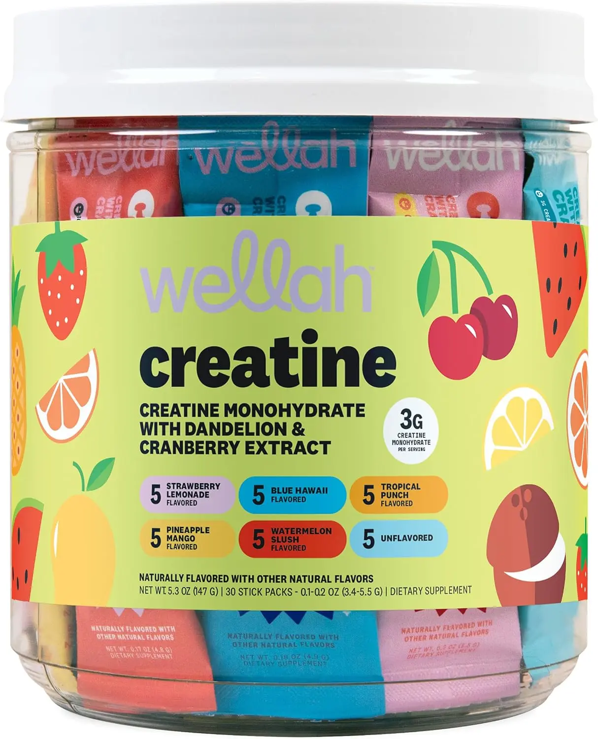 Wellah Creatine for Women (Variety Pack) 30 Stick Packs - 3g of Creatine Monohydrate Powder with Dandelion & Cranberry Extract, 6 Flavors, to-Go Packets