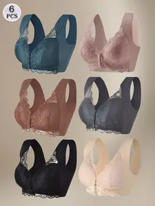 6 pcs JOINBUY Front-Closure Wireless Push-Up Bras Floral Lace Bralette with Wide Comfort Straps & Back Smoothing Seamless Breathable Fixed Cups for Daily Wear Lifting Support Comfortable Lounge Underwear Set, Womenswear, Everyday sostenesy  brassieres tyd