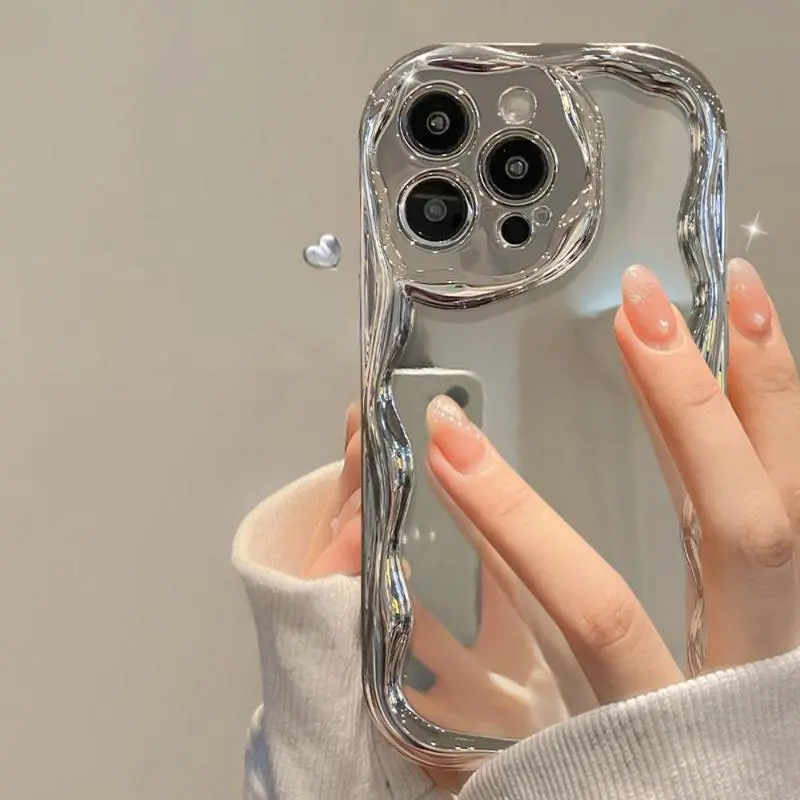 Creative Wave Design Phone Case - Shockproof, Anti-Fall Protective Cover, Accessory & Protector for iPhone 11,12,13,14,15,16,17 Pro Max - Silver Cellphone Casing, Accessories, Handheld, Devices