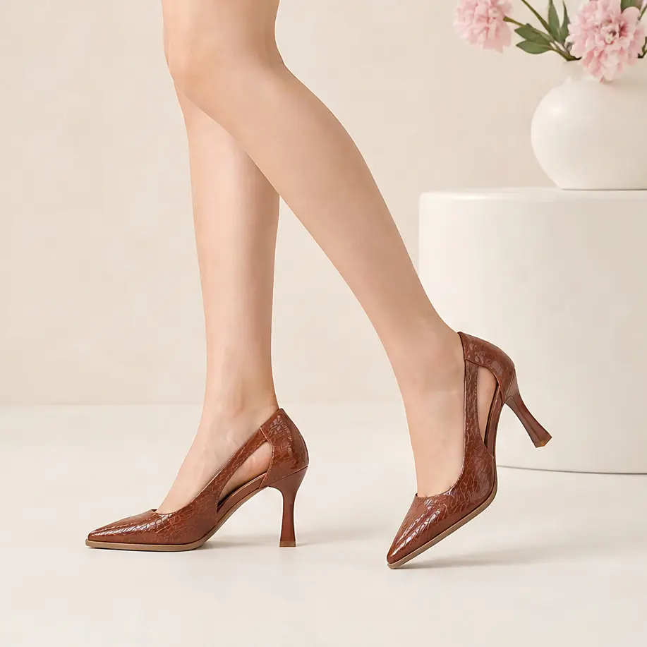 Women’s pointed-toe snake‑embossed high heels with side cutouts and a slim stiletto heel; low-cut slip-on elegant fashion pumps; retro, graceful women’s shoes for work, commuting, dates, dinners, and parties; versatile high-heel women’s shoes