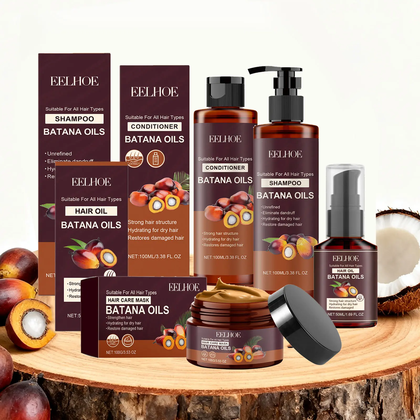 Eelhoe Bataan Hair Care Series Set, Haircare Shampoo 100ML, Conditioner 100ML, Hair Oil 50ML, Hair Mask 100g, Moisturizing Repair Dry Frizzy Hair, Shampoo And Conditioner Set For Curly Hair