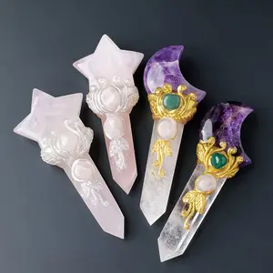 Mini Size Natural Crystal Moon Star Point Magic Scepter, Hand Selected Crystals, Boho Chic Crystal, Crystal Carvings, Healing Stones Craft Fairy Wand, Party Halloween Decor, Thanksgiving Easter Gift