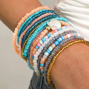 17pcs Beach Vacation Colorful Glass Bead Bracelet Set, Bohemian Style Shell Handmade Beaded Bracelets, Versatile Stackable Jewelry