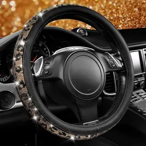 Glamorous Leopard Diamond Steering Wheel Cover - Sparkling Rhinestones & Luxurious Black Leather for Cars, SUVs, and Trucks (Fits 14.5"-15")