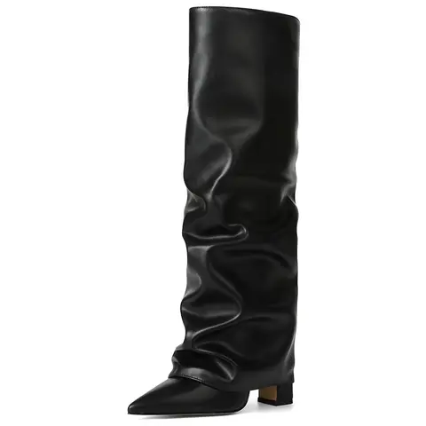AMINUGAL Women's Pu Leather Chunky Block Heel Foldable Knee-High Boots - Shoes for Women, Comfortable Heels, Wide Width Slip-On Casual Boots with Rubber Sole for Autumn & Winter