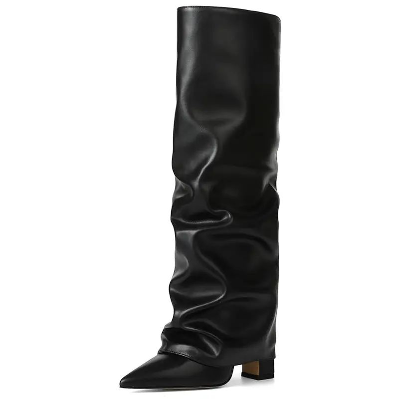 AMINUGAL Women's Pu Leather Chunky Block Heel Foldable Knee-High Boots - Shoes for Women, Comfortable Heels, Wide Width Slip-On Casual Boots with Rubber Sole for Autumn & Winter