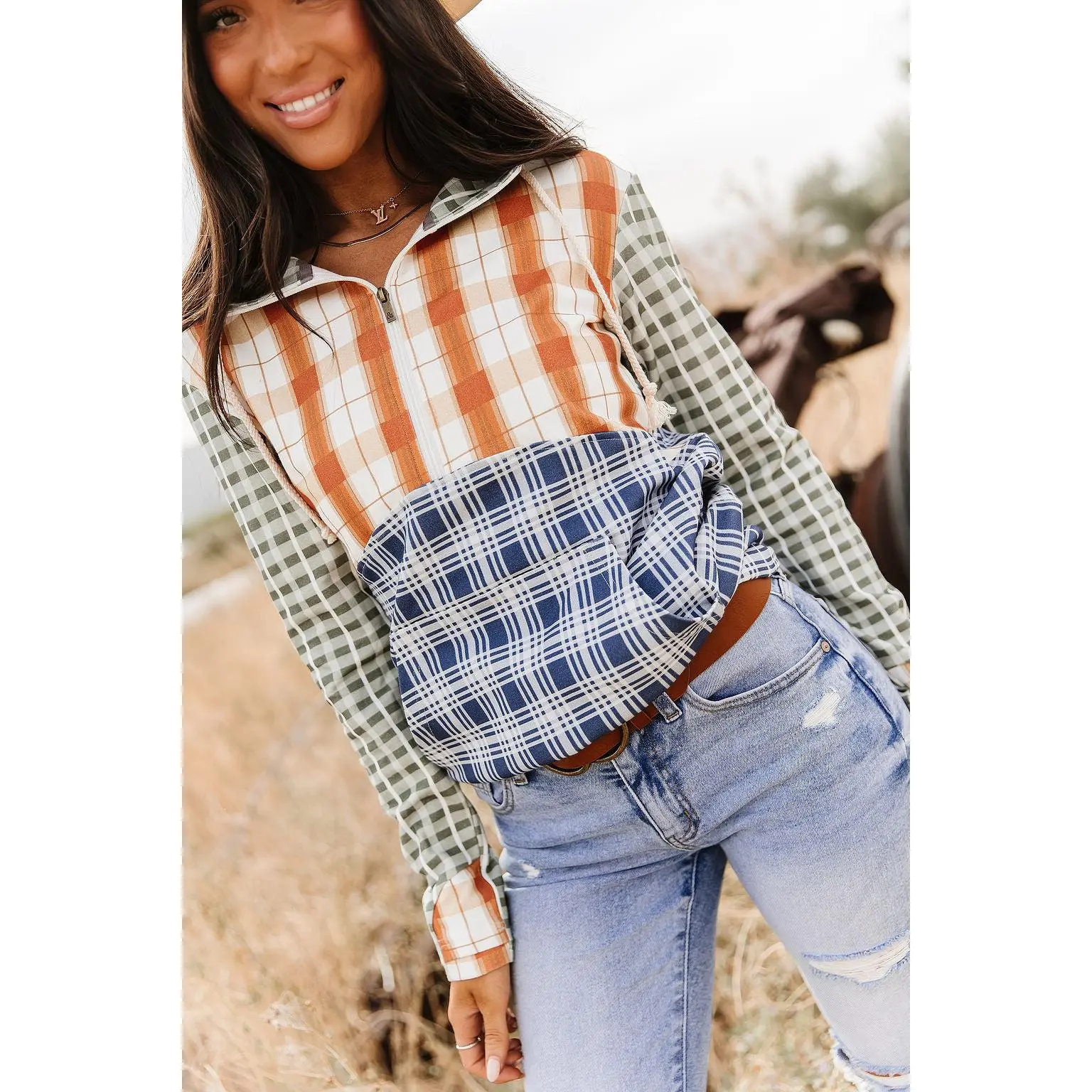 HalfZip Sweatshirt - Cowpoke Cutie | Womenswear Hoodie | Mixed Plaid Stretchy Casual | Plus Size