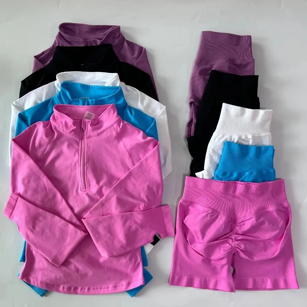 2pcs Long Sleeve Yoga Set Women Half Zippy Jacket Longline Sports Top Gym Shorts Fitness Suits Running Coats Workout Set