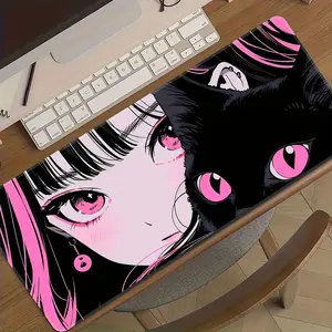 Kawaii Black Cat Eyes Anime Large Desk Mat, 80×30cm Non-Slip Lock Edge Rubber Gaming Mouse Pad, Long Keyboard Table Rug for Laptop, PC, Home & Office