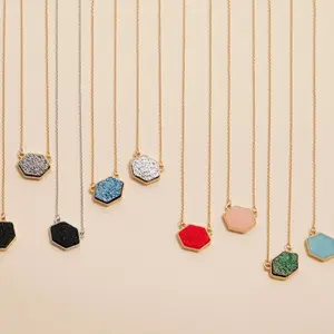 Hexagon Druzy Stone Charm Short Necklace
