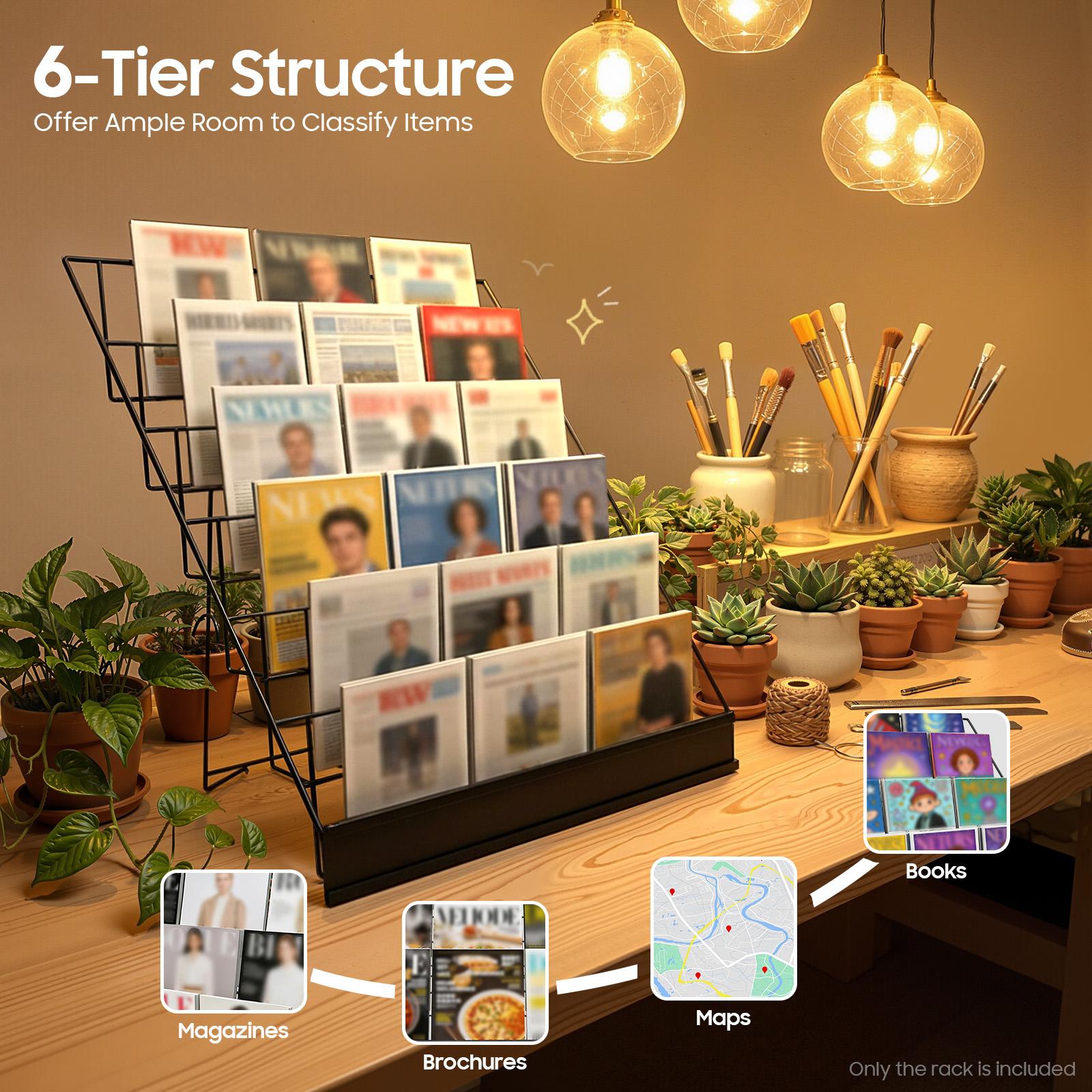 6 Tier Tabletop Book Rack 44lbs Capacity for Magazines Records Office Home