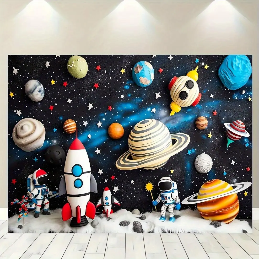 Space Themed Party Backdrop, Cartoon Rocket and Planets Design Multi Photography Banner, Birthday and General Celebrations Decoration, Party Background Decoration
