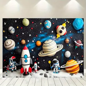 Space Themed Party Backdrop, Cartoon Rocket and Planets Design Multi Photography Banner, Birthday and General Celebrations Decoration, Party Background Decoration