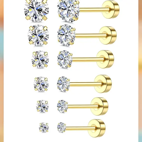 LOLIAS 18 Karat Gold Plated 5A Cubic Zirconia Threadless Flat Back Studs - Surgical Stainless Steel, Hypoallergenic, Body-Safe, Multi-Size Push Pin Cartilage Earrings for Women, Daily Wear Gold Cubic Zirconia Earrings