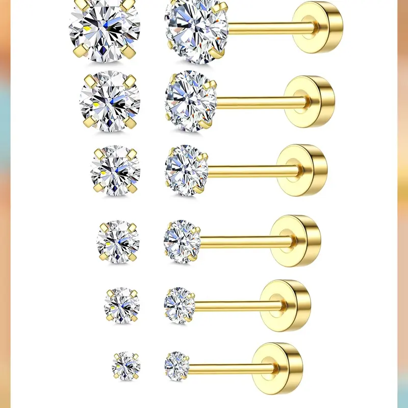 LOLIAS 18 Karat Gold Plated 5A Cubic Zirconia Threadless Flat Back Studs - Surgical Stainless Steel, Hypoallergenic, Body-Safe, Multi-Size Push Pin Cartilage Earrings for Women, Daily Wear Gold Cubic Zirconia Earrings