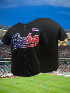 Men's Cuba Baseball Jersey, Loose Fit Breathable Sportswear, Embroidered Letters Baseball Shirt, All-Season Outdoor Sports Shirt, Sports Top, Outdoor Apparel