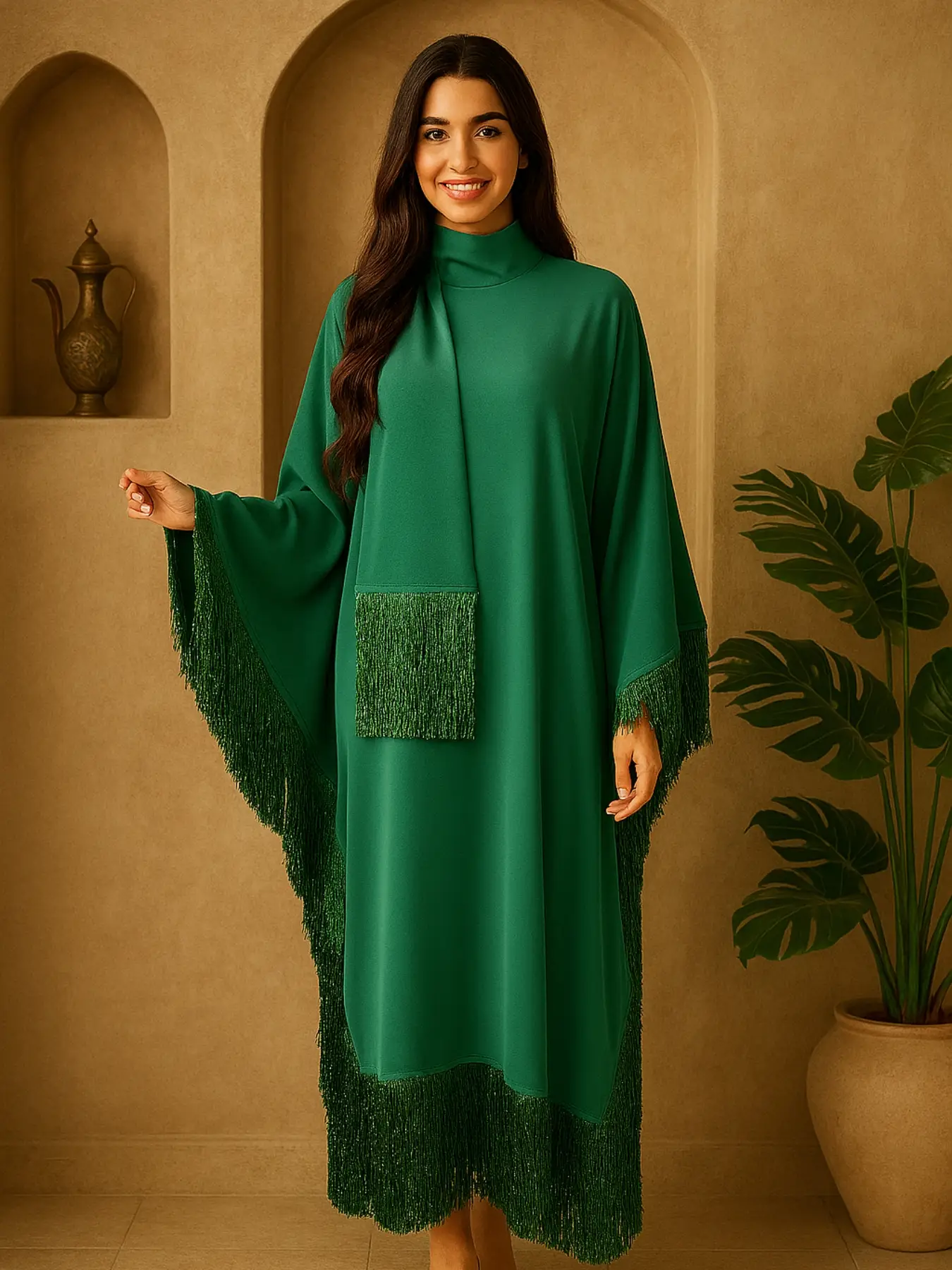 Elegant Women's Batwing Sleeve Tassel Fashion Robe Dress, Slim-Fitting Woven Fabric, Fall & Winter Long Dress, Moderate Thickening