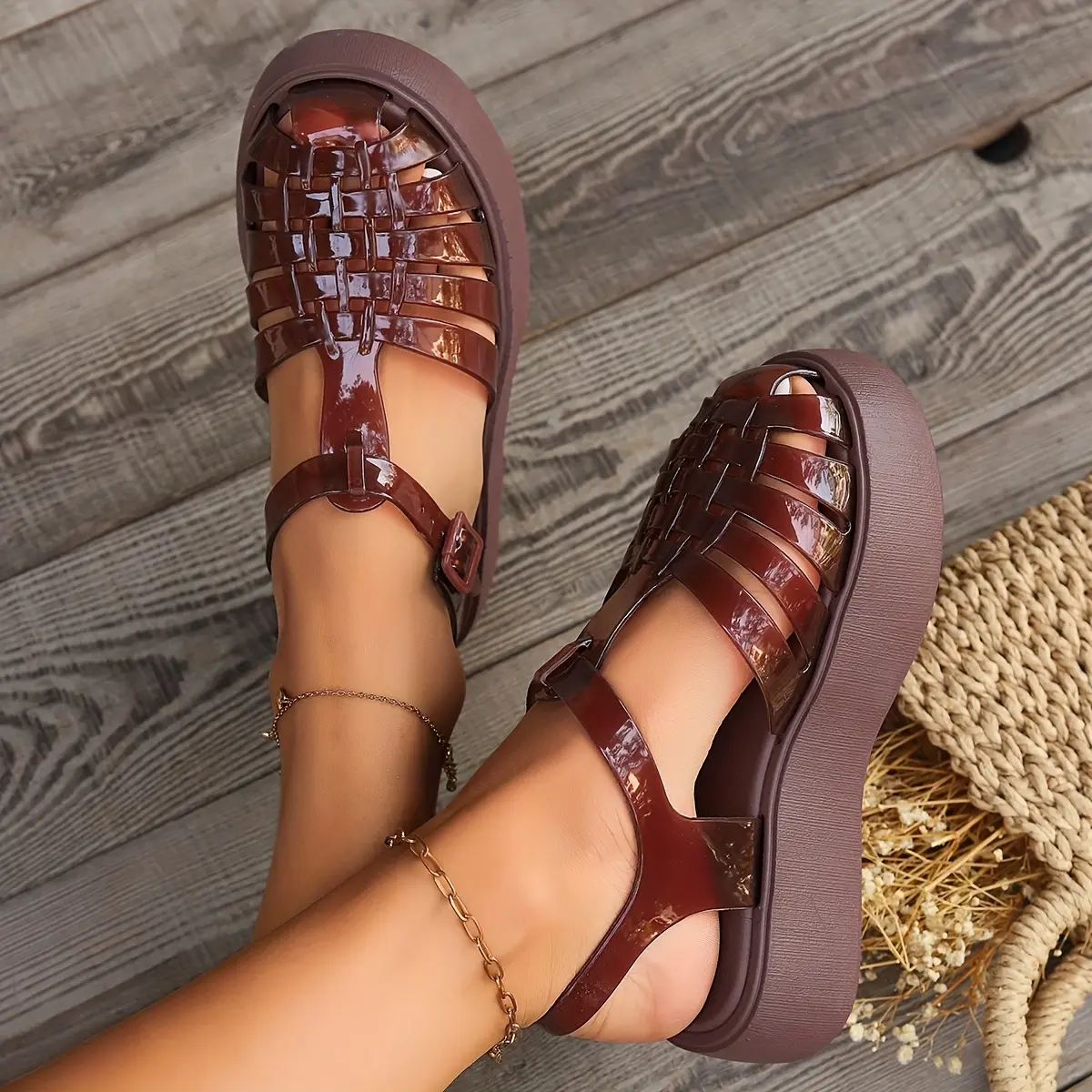 Women's Fashionable Black Platform Sandals with Crocodile Pattern - Casual Jelly Shoes, Thick Sole, Ankle Strap, Breathable PU Cover, Ladies Sandals