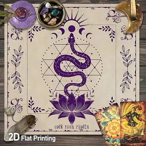 Purple Mystical Snake Art Tarot Card Tablecloth | Vintage Sacred Geometry Moon Phase Altar Tablecloths | Bohemian Snake and Lotus Gaming Tablecloth | Divination Witchcraft Astrology Oracle Cards Altar Cloths | Crystal Grid Meditation Table Cloths