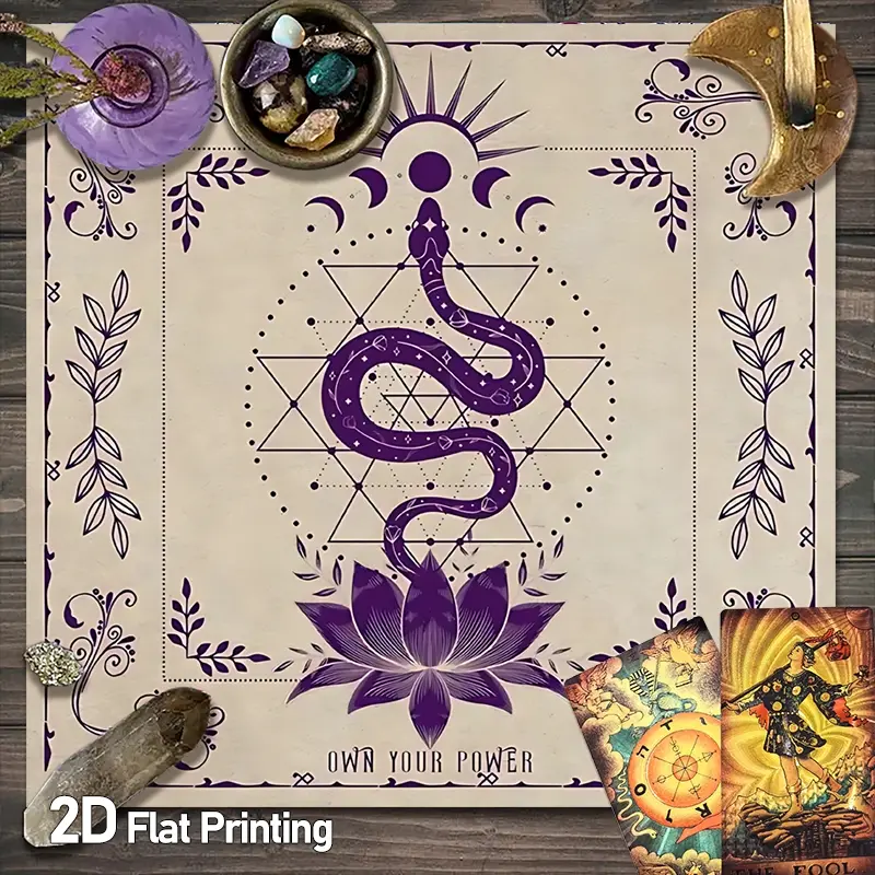 Purple Mystical Snake Art Tarot Card Tablecloth | Vintage Sacred Geometry Moon Phase Altar Tablecloths | Bohemian Snake and Lotus Gaming Tablecloth | Divination Witchcraft Astrology Oracle Cards Altar Cloths | Crystal Grid Meditation Table Cloths