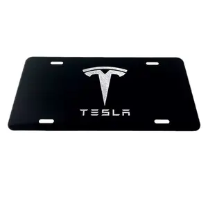Tesla Logo Car Tag Diamond Etched on Black Aluminum License Plate