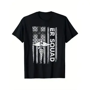 Unisex ER Squad T-Shirt |   Distressed American Flag & Caduceus Medical Symbol Emergency Room Staff Casual Short Sleeve Cotton Top